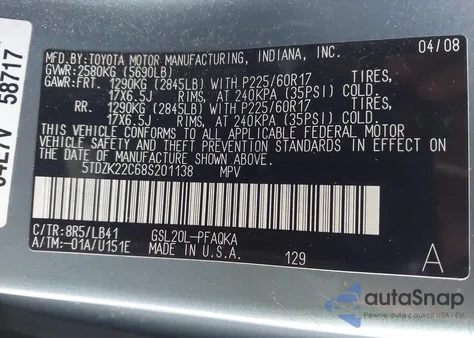 2008 Toyota Sienna Xle from USA, damaged, VIN 5TDZK22C68S201138